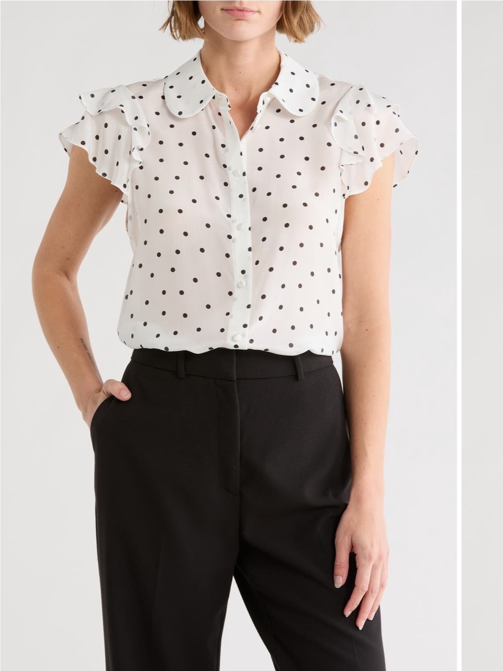 🦋NWT Alice Olivia Polka Dot Ruffled Sleeve Blouse - White/Black L